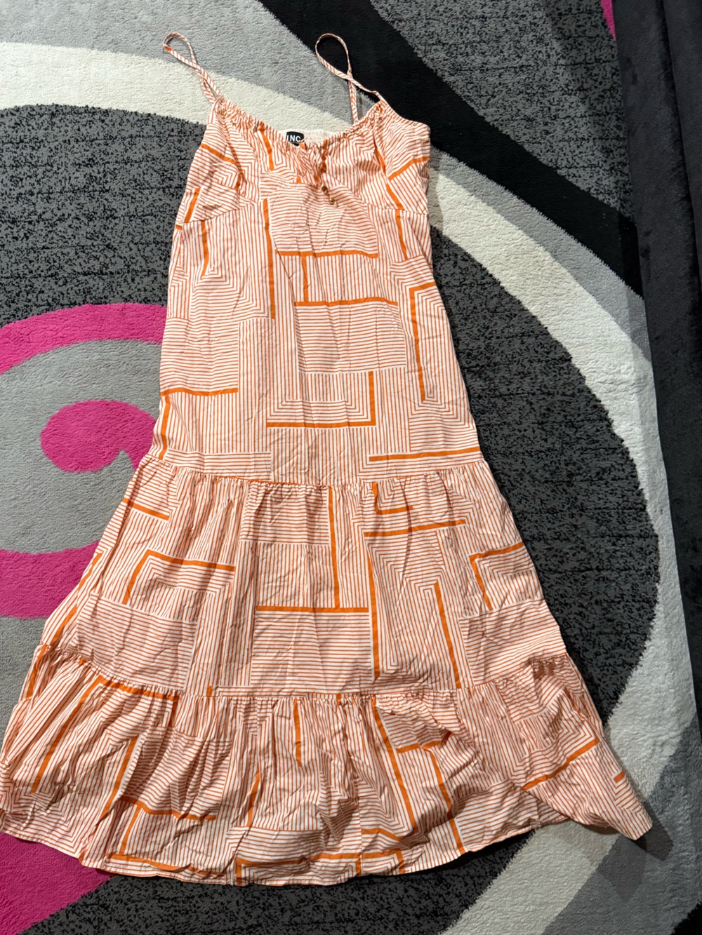 INC International Concepts Orange and White Geometric Tiered Maxi Dress